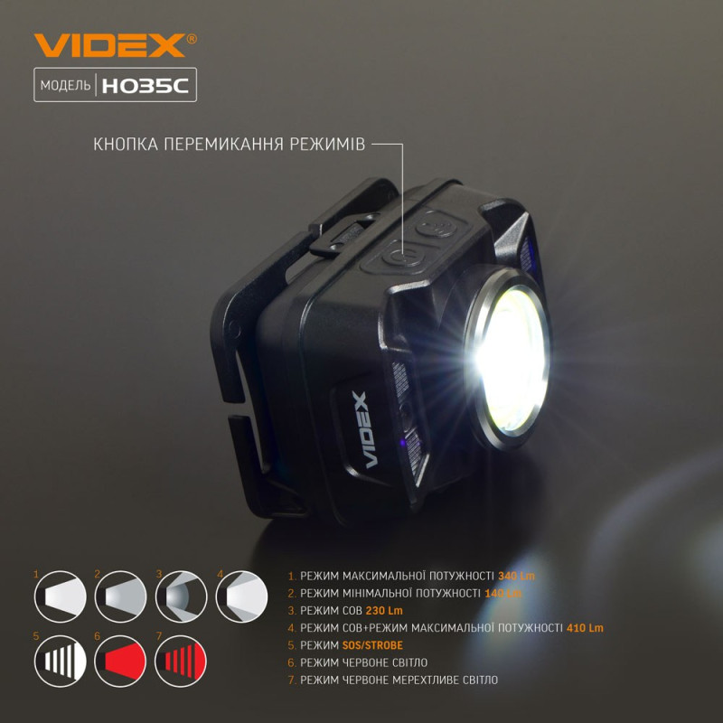 Налобний світлодіодний ліхтарик VIDEX VLF-H035C 410Lm 5000K Налобний світлодіодний ліхтарик VIDEX VLF-H035C 410Lm 5000K