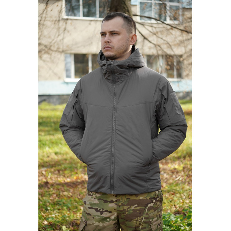 Зимовий мікропуховик у кольорі сірий BR YWH з вологостійкою тканиною та знімним капюшоном