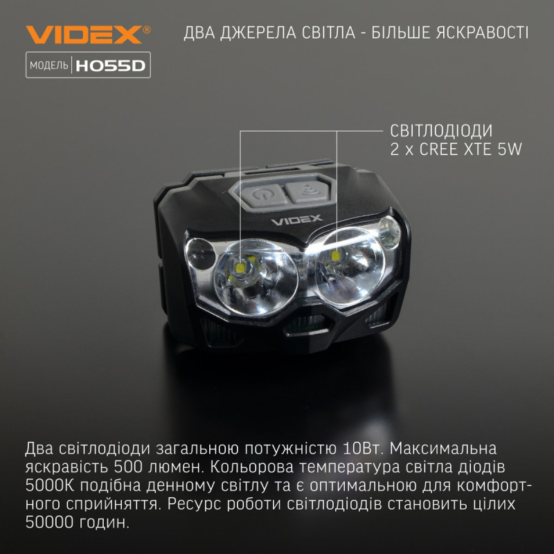 Налобний світлодіодний ліхтарик VIDEX VLF-H055D 500Lm 5000K Налобний світлодіодний ліхтарик VIDEX VLF-H055D 500Lm 5000K